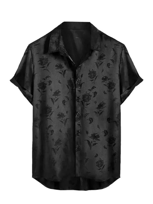 maoxiangshop Satin Shirts for Men Jacquard Rose Printed Silky Short Sleeve Shirt Summer Streetwear Button Blouse Tops