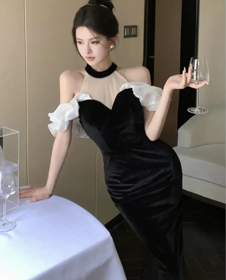 French Style Sexy Bodycon Velvet Long Dress Women Elegant Party Prom Black Vestidos Female Fashion Mesh Clothes Spring Autumn