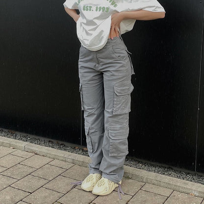 maoxiangshop1 Vintage Cargo Pants Baggy Jeans Women Fashion 90s Streetwear Pockets Wide Leg High Waist Straight Y2k Denim Trousers Overalls