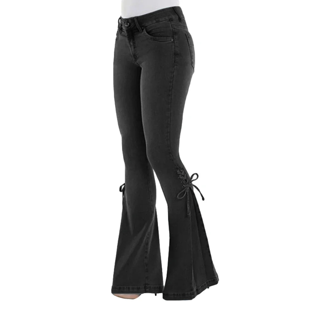 maoxiangshop Mid Waisted Stretch Flare Jeans Women Denim Pants Wide Leg Butt-lifted Casual Korean Style Skinny Bell Bottom Pocket Trousers