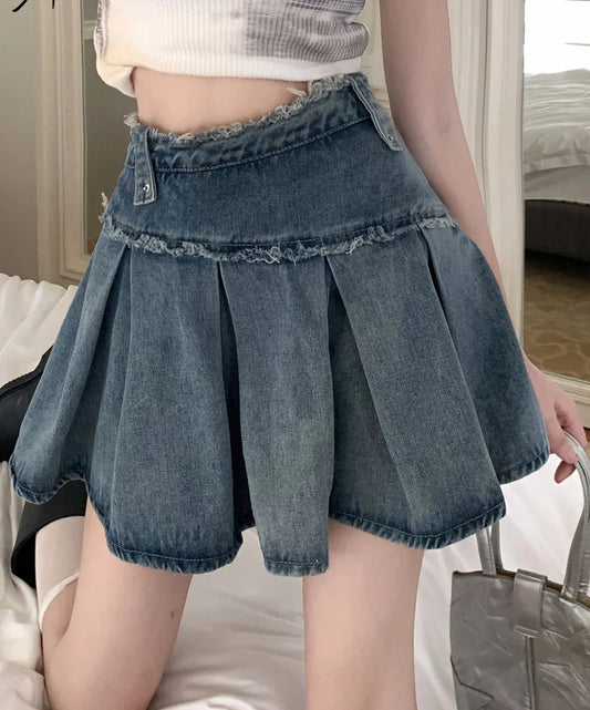 maoxiangshop Vintage Women Street Clothing Solid Color Fashion Blue Denim Short Skirt Fashion Match All Y2K High Elastic Waist Pleated Skirts