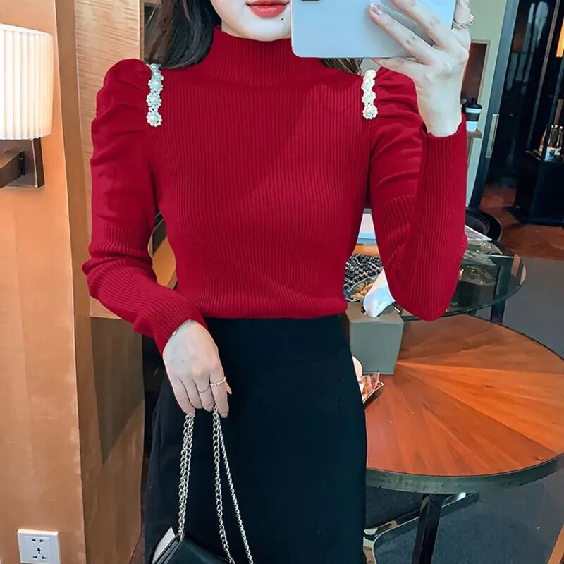 maoxiangshop Pearls Puffe Sleeve Knit Sweater Women Autumn Winter Pleated Slim Fit Knitwear Woman Half High Neck Pullovers Female