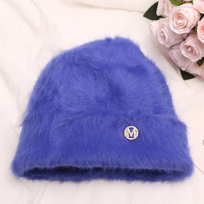 maoxiangshop New Fashion Rabbit Fur Y2k Beanies for Women Soft Warm Fluffy Angola Winter Hat Female Windproof Bonnet Hat Skullies Cap