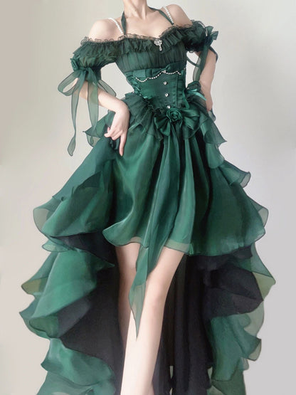 maoxiangshop Green Flower Wedding Dress Cos Lolita Dress Op Dress Lolita Heavy Industry Trail Puffy Princess Dress, Lolita Cosplay