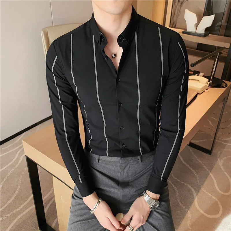 maoxiangshop Mens Shirts Autumn New Long Sleeve Stripe Dress Shirt Solid Casual Formal Wear Slim Fit Chemise Homme Camisas Men Clothing