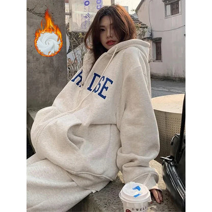 maoxiangshop Streetwear Zip Up Hoodies Women Oversized Letter Print Sweatshirt Harajuku Korean Plus Fleece Thick Casual All Match Tops