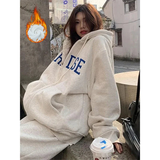 maoxiangshop Streetwear Zip Up Hoodies Women Oversized Letter Print Sweatshirt Harajuku Korean Plus Fleece Thick Casual All Match Tops