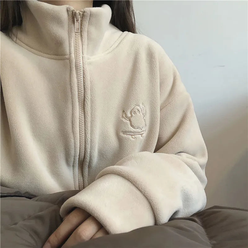 Y2k Women Embroidery Zip Up Hoodie Fleece Jacket Thick Warm Winter Plush Zipper Sweatshirt Outwear Hoodies Tops Clothes