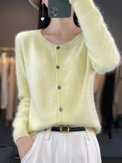 maoxiangshop Aliselect Women Cardigan Super Warm Pure Mink Cashmere Sweaters O-neck Loose Female Clothes Ladies' Solid Color Knitwear Tops