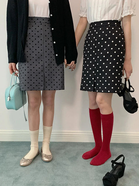 maoxiangshop  -  Autumn New Polka Dot Midi Skirt Women 2024 High Waist Chic Vintage A-line Fadas Korean Fashion Elegant Short Skirts Femme