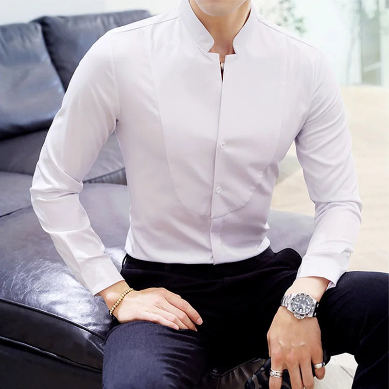 maoxiangshop Mens Long Sleeve Shirt High Quality Stand Collar Casual Slim Solid Color Summer Fashion Men's Clothing Shirt Oversized Size 5XL