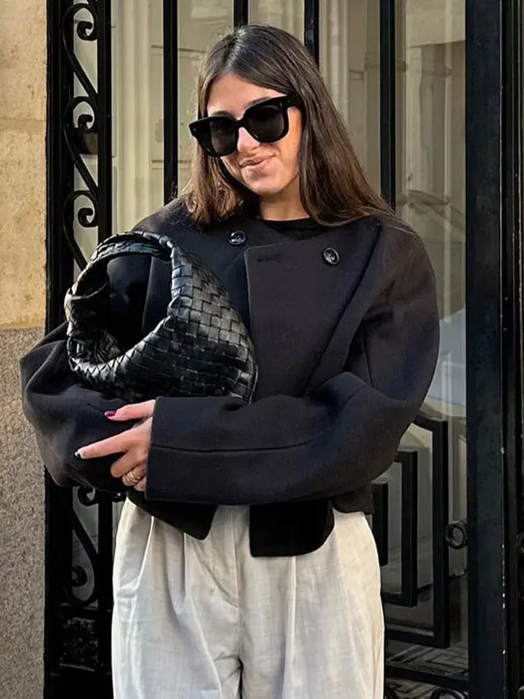 maoxiangshop -  Elegant Autumn O Neck Solid Jacket For Women Fashion Double-breasted Short Coat Winter Female Office Street Lady Casual Overcoat
