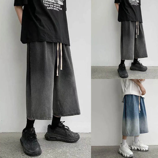 maoxiangshop 2024 New Summer Men's Denim Shorts Casual Summer Shorts Elastic Waist Wide Leg Shorts Drawstring Baggy Jeans Shorts Male Summer