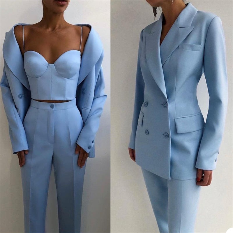 maoxiangshop3 Pieces Women Suits Pants Set Blazer+Corset Top+Trousers Double Breasted Jacket Formal Casual Wedding Tuxedos Prom Dress Tailor