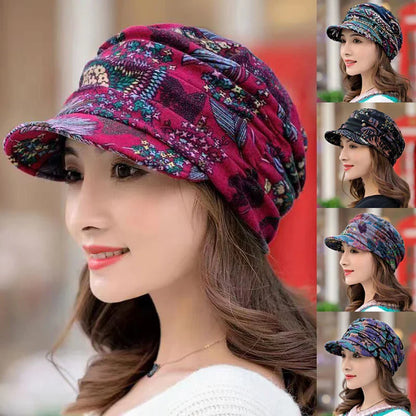 maoxiangshop Women Hat Short Brim Warm Foldable Earflap Women Cap Ethnic Style Floral Print Autumn Winter Hat Daily Clothing Turban Visor