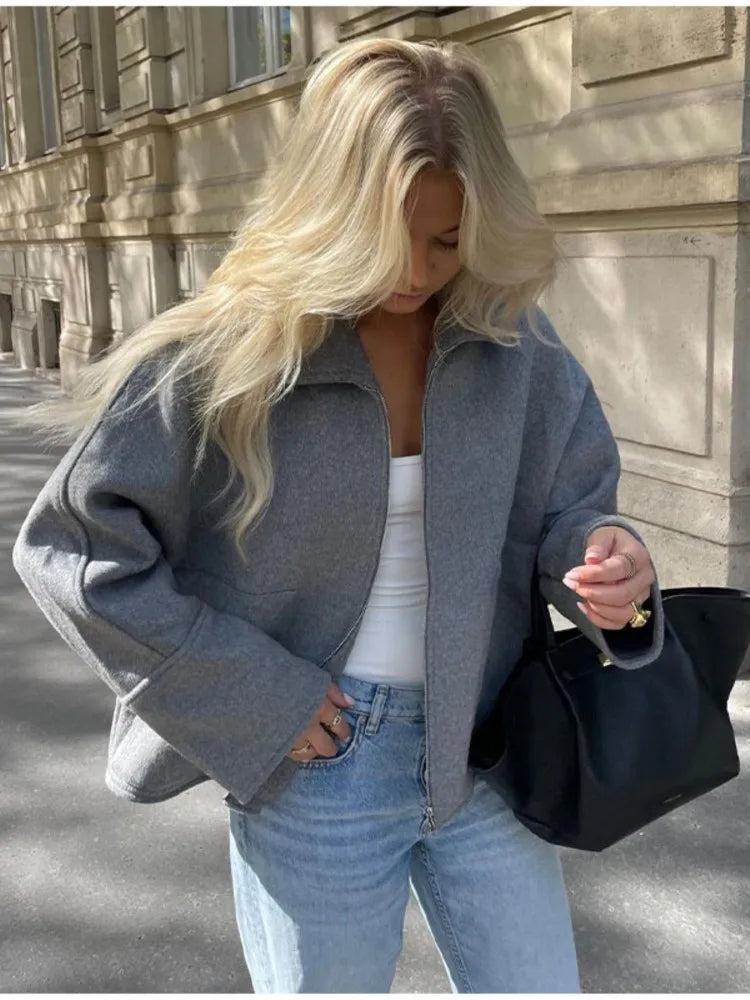 maoxiangshop -  Women Grey Lapel Patchwork Zipper Coat Long Sleeve Oversized Loose Autumn Jacket Chic Female Casual Commute Office Outwear