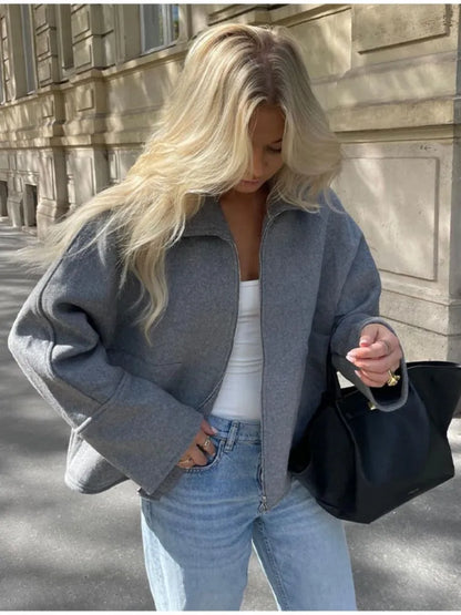 maoxiangshop -  Women Grey Lapel Patchwork Zipper Coat Long Sleeve Oversized Loose Autumn Jacket Chic Female Casual Commute Office Outwear