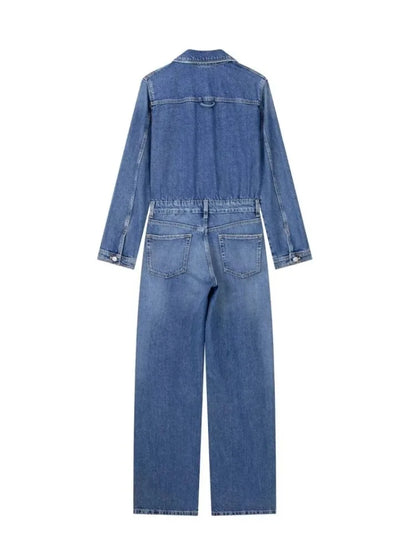 maoxiangshop  -  European And American Style Blue Denim High Waisted Jumpsuit Women'S Spring And Autumn Collar Casual Fashion Pants Straight Leg