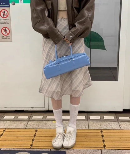 Summer Vintage Midi Plaid Striped Print Skirts Women Sweet Loose Pleated Ladies Skirt High Waist Korean Style Woman Skirts