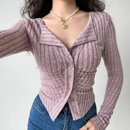 Y2k Knitted Cardigan Women  Collar Sweater Coat Vintage Long Sleeve Single Breasted Top Autumn Fashion Girls Knitwear Jumper