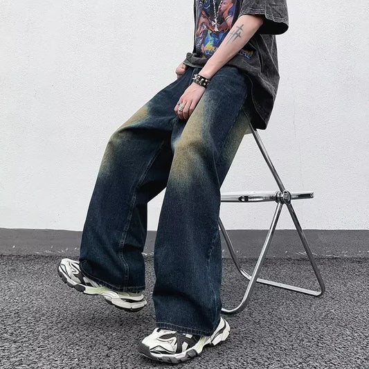 maoxiangshop Men's Jeans Korean Version Student Handsome Casual Pants High Street Straight Loose Wide Leg Jeans Vintage Blue Baggy Jeans