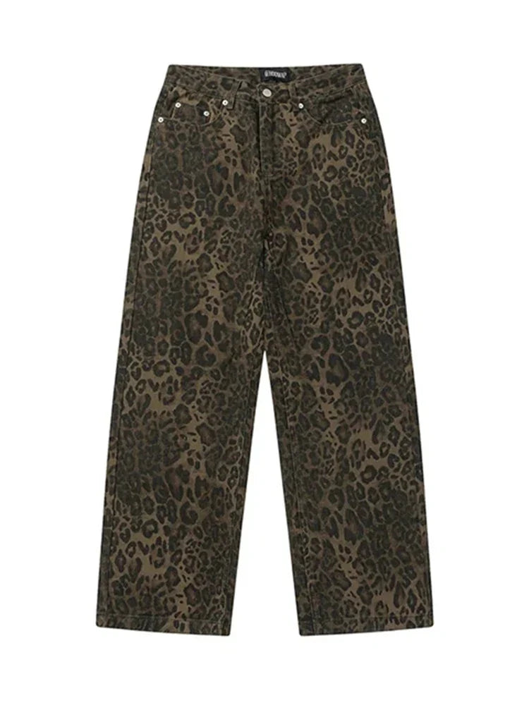 maoxiangshop Tan Leopard Jeans Women Denim Pants Female Oversize Wide Leg Trousers Streetwear Hip Hop Vintage Clothes Loose Casual