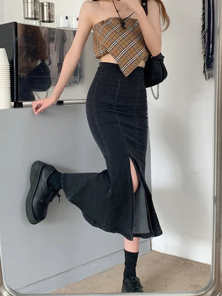 maoxiangshop Black Denim Long Skirt Women Vintage High Waist Split Bodycon Ruffles Pencil Mermaid Midi Skirt Summer Japanese Fashion