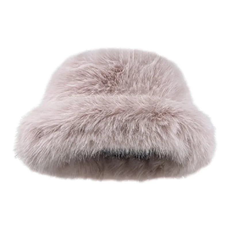 maoxiangshop  -  Y2K Fluffy Faux Fur Bucket Hat Women Winter Warm Thick Plush Ear Warmer Panama Fisherman Cap Lady Luxury Elegant Party Basin Hat