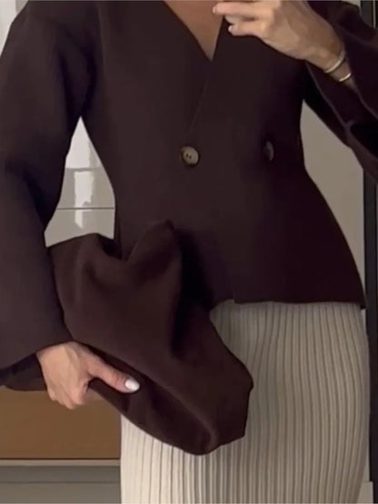 maoxiangshop -  Women's Solid Cropped Quilted Knit Coat Elegant V-neck Single Breasted Flare Sleeve Coats Winter Female Chic Streetwear Knitwear