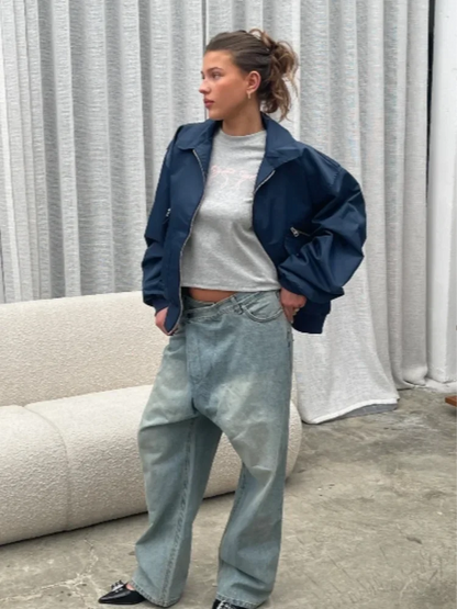 maoxiangshop  -  Fashion Zipper Lapel With Pockets Bomber Jacket Women Casual Solid Long Sleeves Short Coats 2024 Autumn Lady Street Outerwear