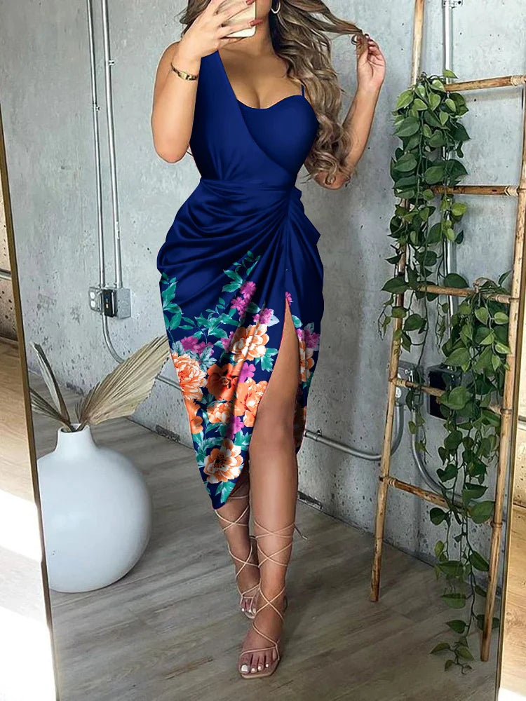 maoxiangshop Summer Women Elegant Spaghetti Strap Ruched Irregular Party Dress Women Temperament Split Slim Ladies Office Dresses