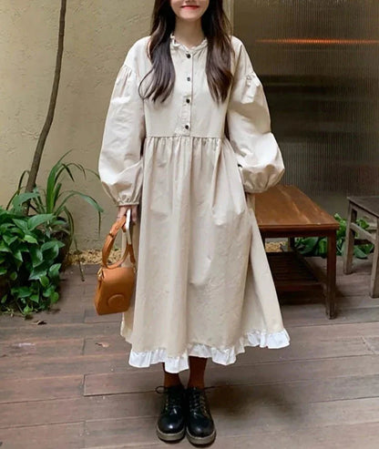 maoxiangshop Autumn New Korean Style Dress Women Ruffles Patchwork O Neck Long Sleeve Dresses Slim Waist Elegant Vestidos Mujer