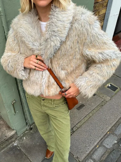 maoxiangshop  -  Women Autumn Winter Thicken Faux Fur Coat Elegant Lapel Long Sleeves Fluffy Short Overcoat Chic Lady High Street Warm Outerwear