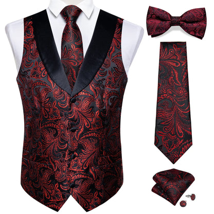 maoxiangshop Brand Suit Vest Set For Men Luxury Silk Black Gold Paisley Dress Vest Tie Cufflinks Handkerchief Set Male Sleeveless Waistcoat