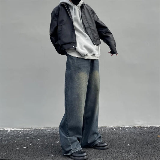 maoxiangshop Vintage Men's Wide Leg Trousers Jeans Straight Loose Mopping Pants High Street Male Casual Simple Daily Distressed Denim