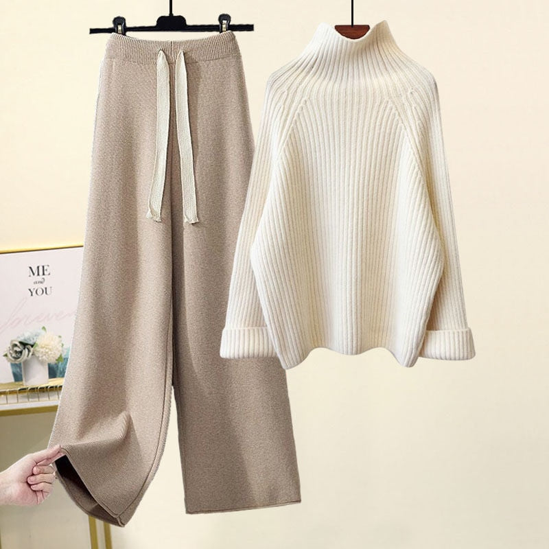 maoxiangshop Autumn Winter Warm Knitted Suit Women Long Sleeve Half Turtleneck Knitting Sweater And Wide Leg Pants Sets Outer Wear Loose Set