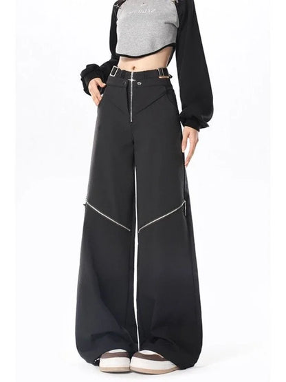 Y2K Black Cargo Pants Women Baggy Punk Style Zipper Trouser Hip Hop Gyaru Streetwear High Waist Pant Techwear Hollow Out