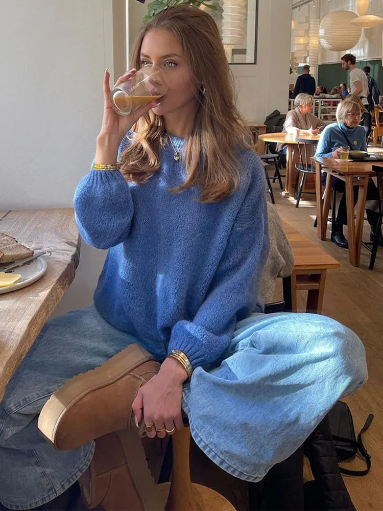 maoxiangshop -  Solid Color Round Neck Long Sleeved Sweater Women Loose Blue Warm Pullover Autumn Winter Fashion Female Street Jumper