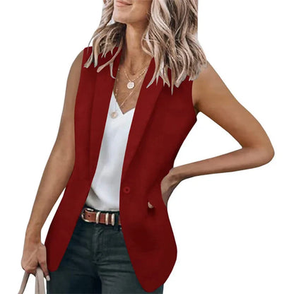 maoxiangshop Autumn New Style Sleeveless Solid Color Suit Collar Loose Cardigan Women's Wear