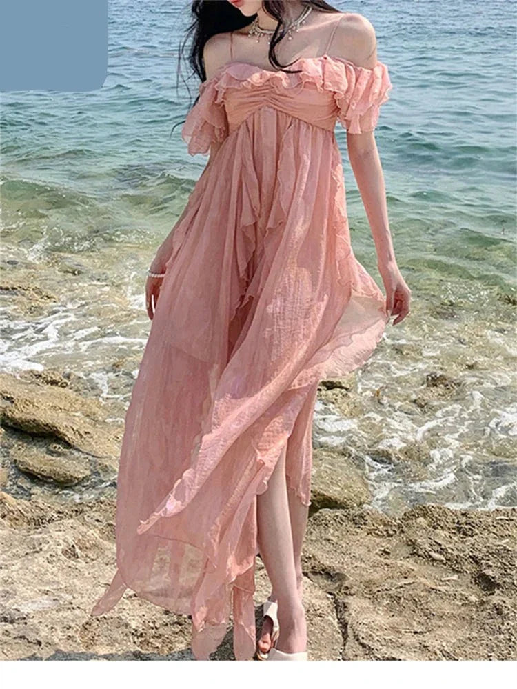 maoxiangshop Mesh Strap Long Dress Women Elegant Pink Slash Neck Backless Ruffles Ladies Casual Beach Sexy Dresses