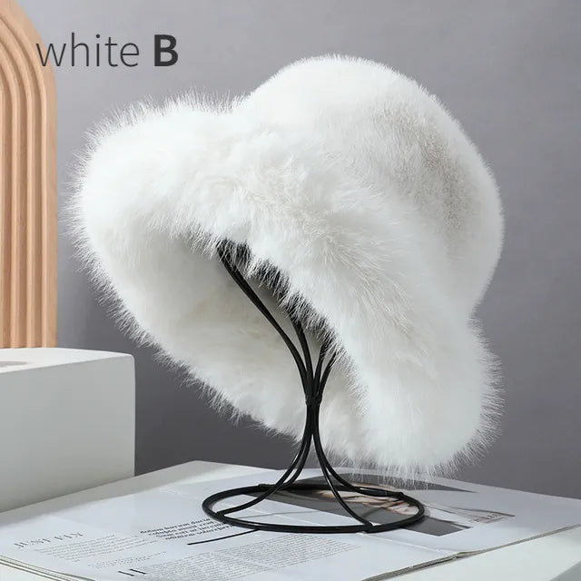 maoxiangshop y2k Fluffy Faux Fur Bucket Hat Women Rabbit Fur Warm Thick Plush Winter Hat Lady Luxury Fashion Furry Panama Fisherman Cap