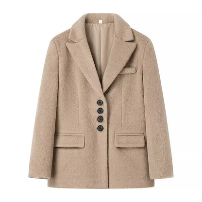 maoxiangshop  -  New Women's Collar Plush Jacket Elegant Loose Chic Coat Winter Thicken Fashion Office Ladies Warm Button Plush Jacket