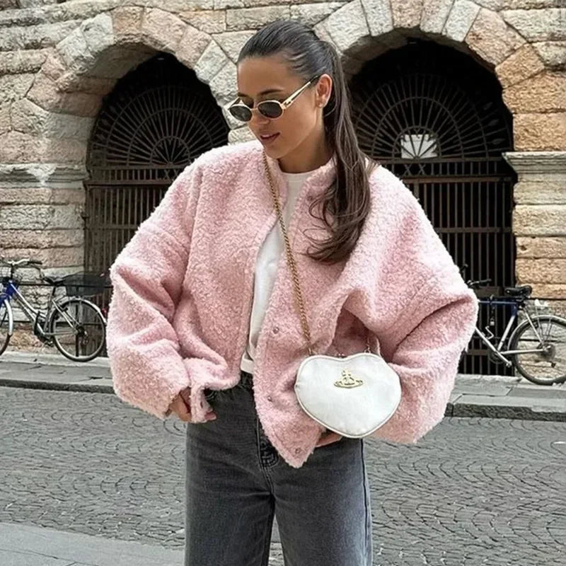 maoxiangshop  -  Women's Pink Short Fur Jacket Autumn Loose Fashion Long Sleeve Jacket Top Casual Stand Collar Pocket Button Warm Jacket