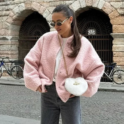 maoxiangshop  -  Women's Pink Short Fur Jacket Autumn Loose Fashion Long Sleeve Jacket Top Casual Stand Collar Pocket Button Warm Jacket