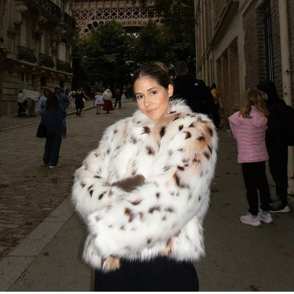 maoxiangshop  -  Dot Leopard Contrast Stand Collar Faux Fur Coat Women Warm Commute Long Sleeve Fluffy Plush Jacket Autumn High Street Outerwear