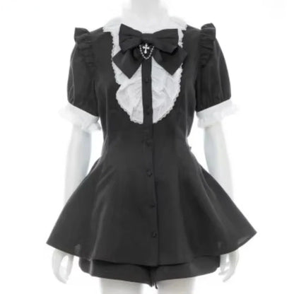maoxiangshop  -  Japanese Style Gothic Y2k Lolita Plaid Rhinestone Bow Dress Shorts Set Sweet Women Puff Short Sleeve Button Shirt Party Dresses
