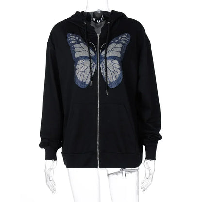 maoxiangshop  -  2024 Women's New All-match Casual Top Female Solid Pullover Woman Butterfly Print Long Sleeve Hooded Sweatshirt for Fall/winter