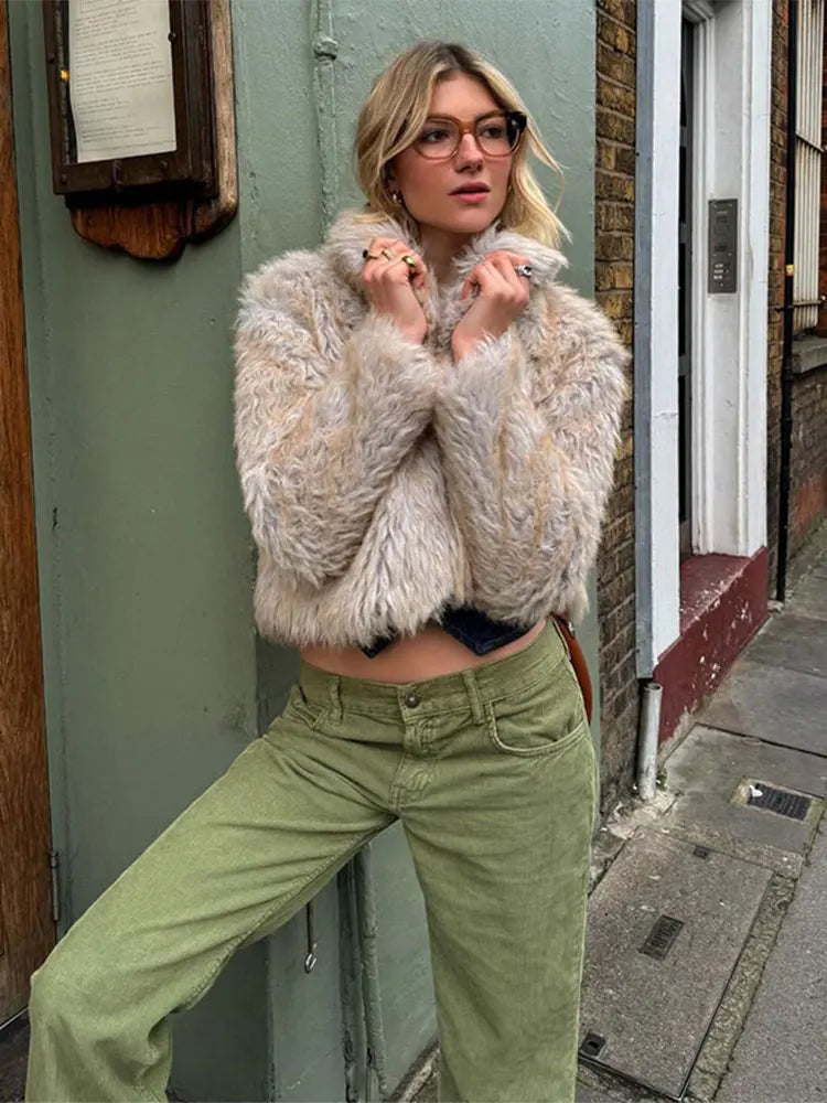 maoxiangshop  -  Women Autumn Winter Thicken Faux Fur Coat Elegant Lapel Long Sleeves Fluffy Short Overcoat Chic Lady High Street Warm Outerwear