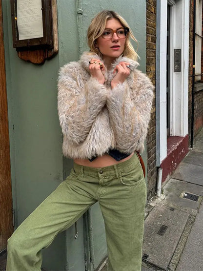 maoxiangshop  -  Women Autumn Winter Thicken Faux Fur Coat Elegant Lapel Long Sleeves Fluffy Short Overcoat Chic Lady High Street Warm Outerwear