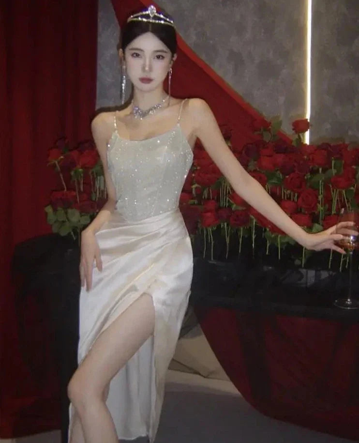 Elegant Shiny Satin Wedding Evening Dress For Women Summer Spaghetti Strap Luxurious Split Runway Vestidos Graduation Dresses